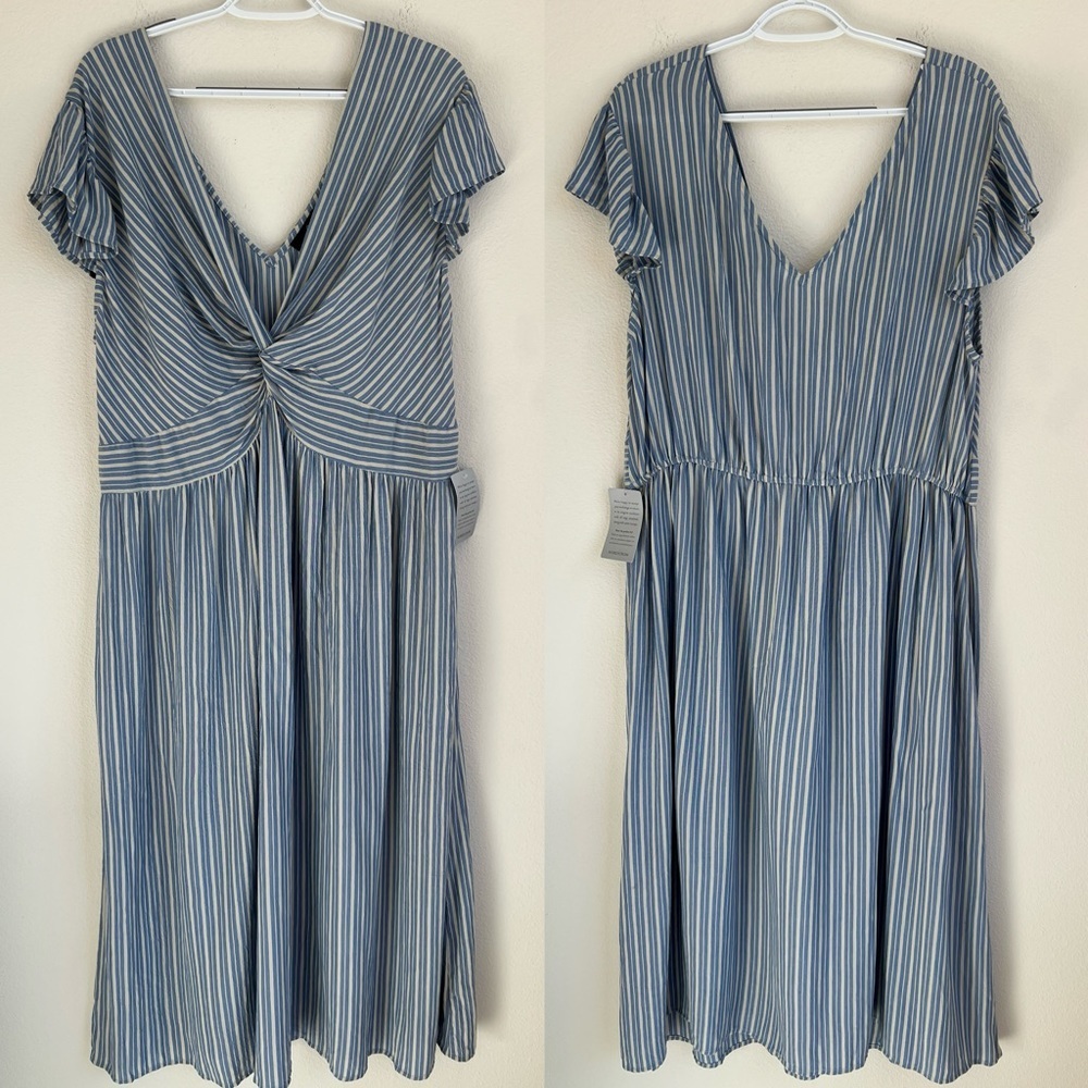 NWT Angie womens casual short sleeve blue gray striped maxi dress